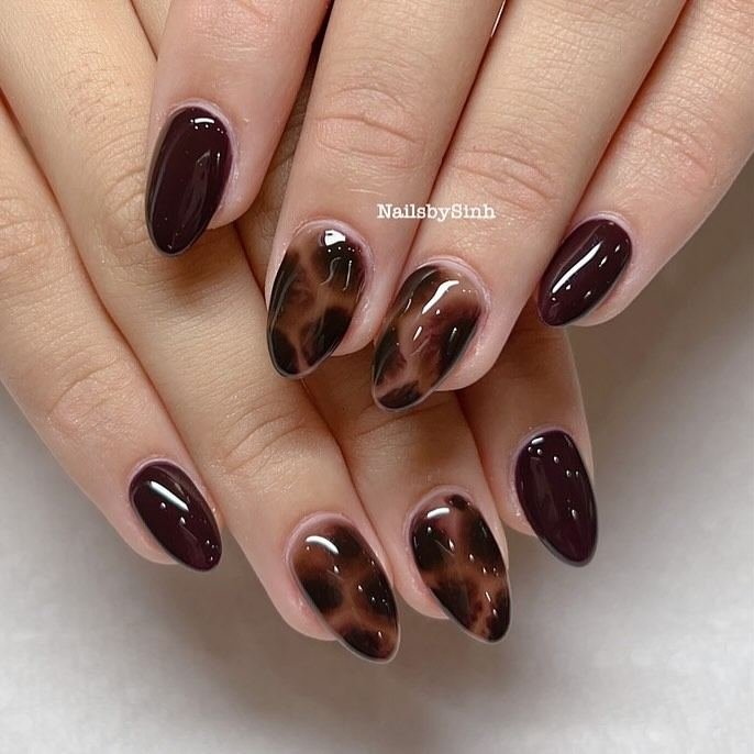 Cinnamon Brown Almond Nails with Marbled Accents
