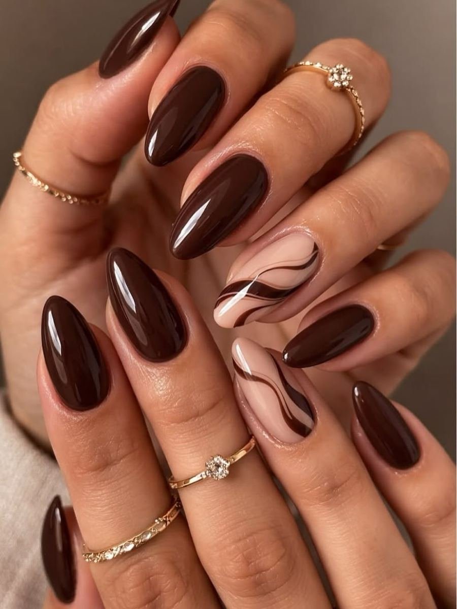 Deep Brown Almond Nails with Fine Nude Line Art