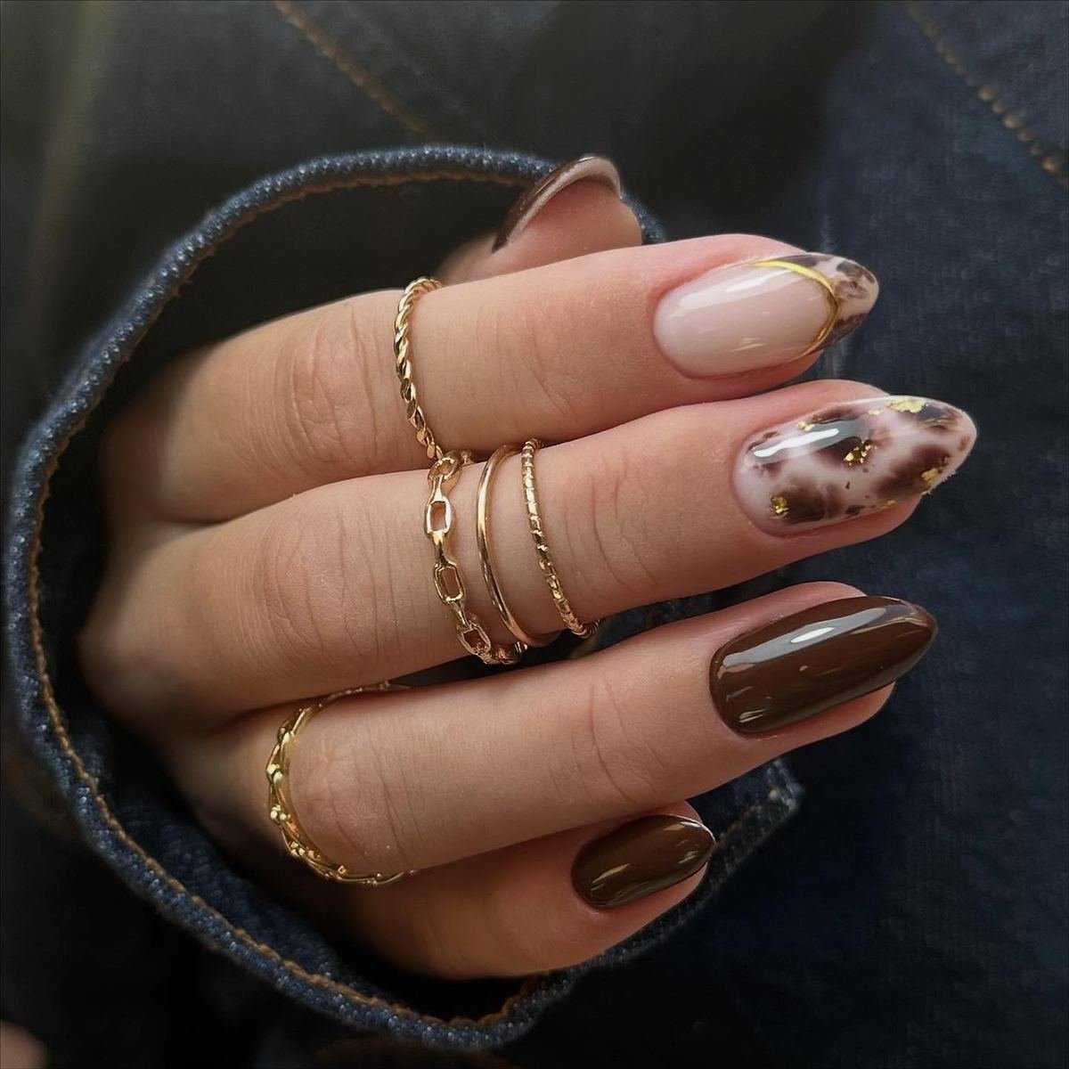 Long Nude Nails with Brown Side Accents