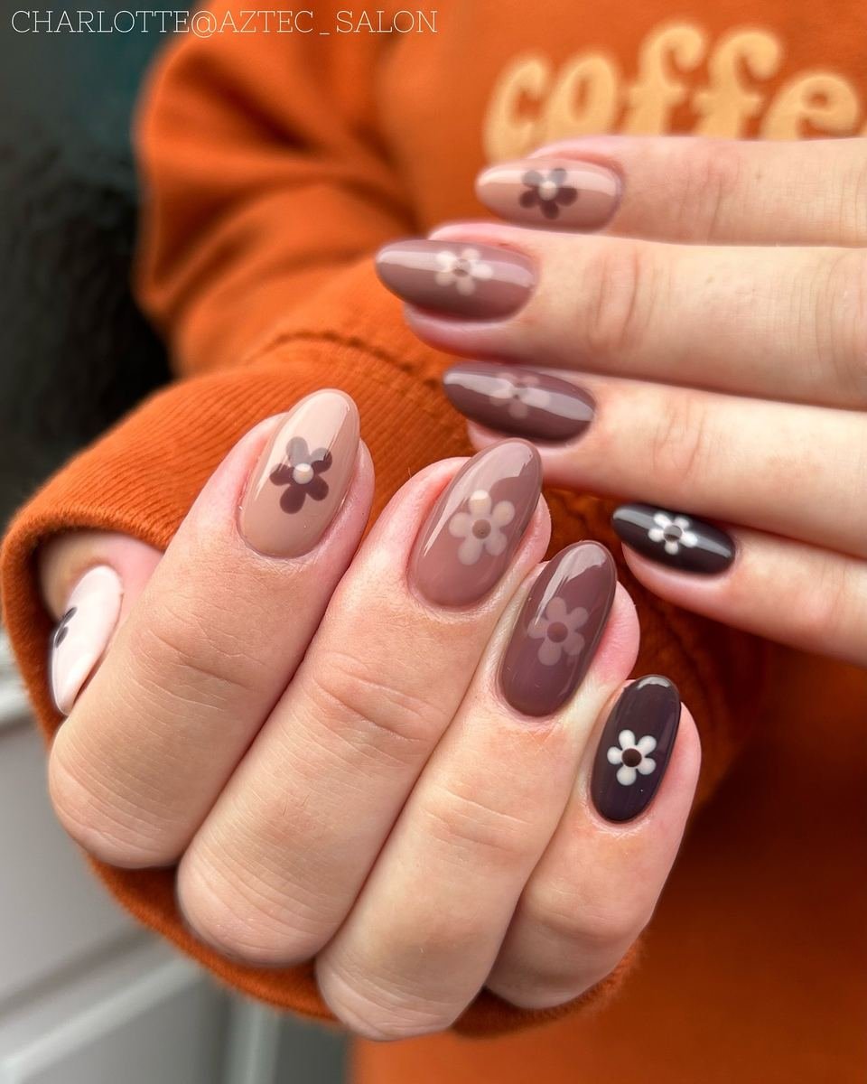 Brown and Blush Almond Nails with Floral Accents
