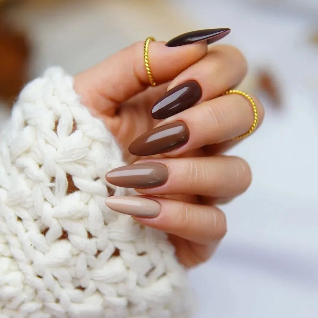 Glossy Chocolate Brown Almond Nails