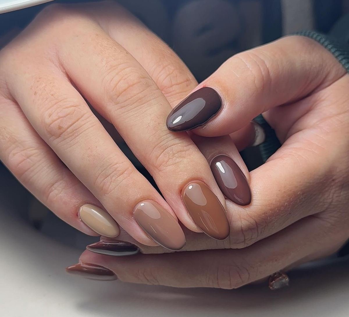 Short Almond Nails in Brown and Nude Tones