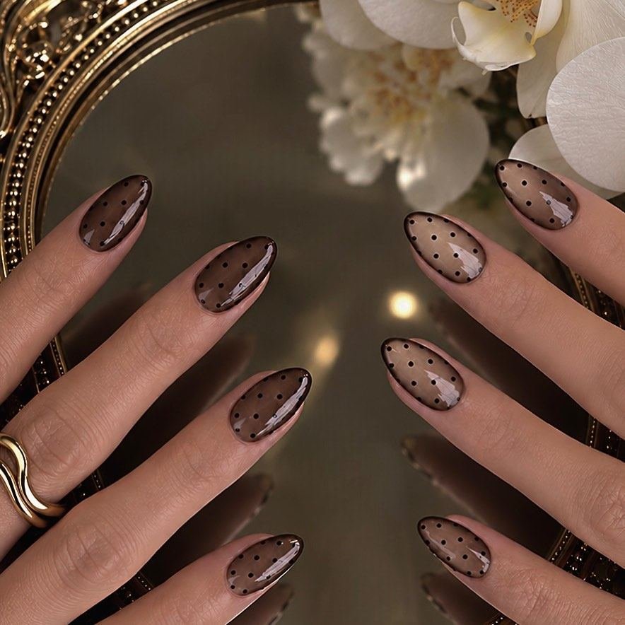 Brown and Nude Almond Nails with Speckled Accents