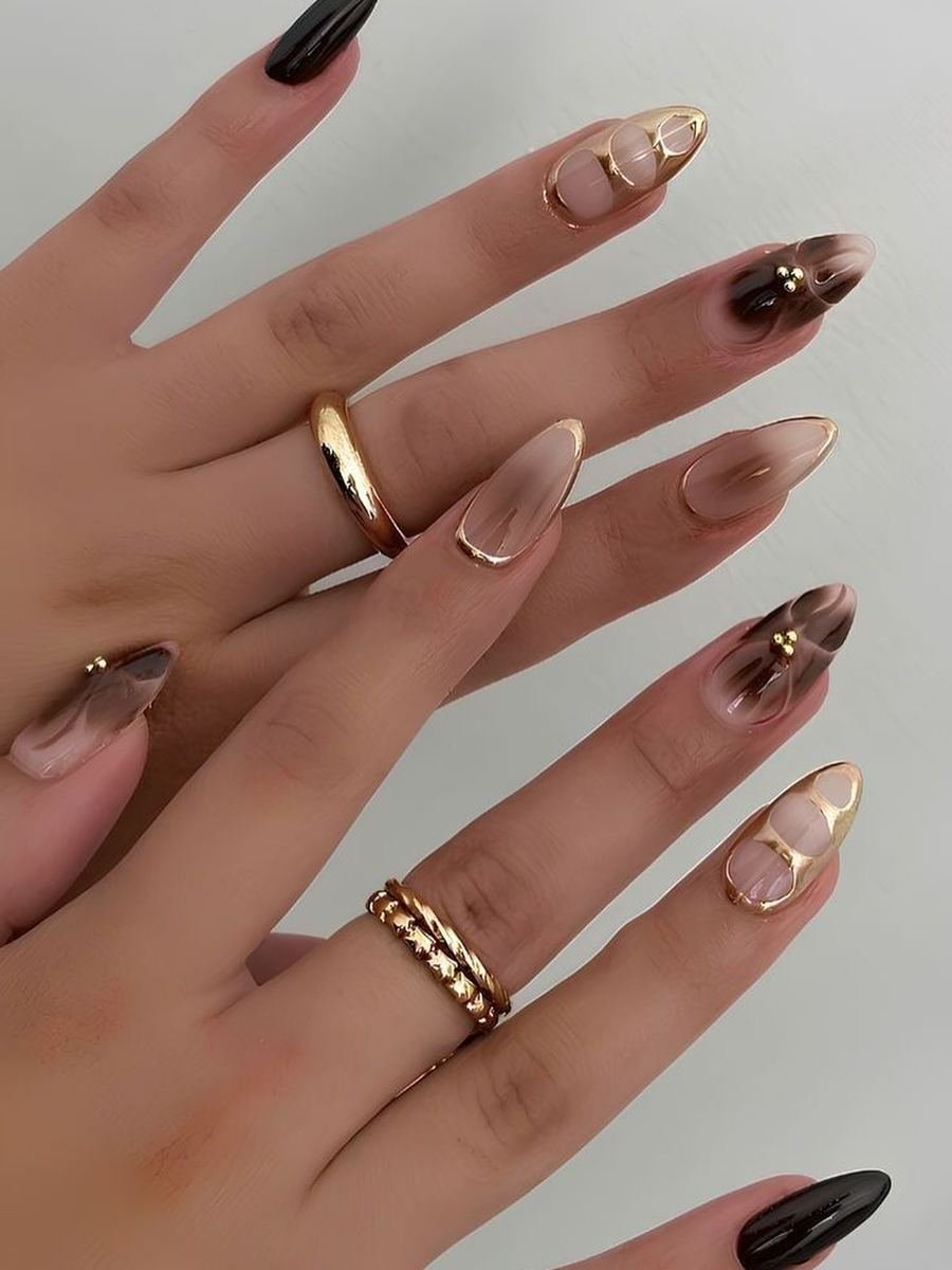 Long Almond Nails with Brown and Nude Patterned Accents