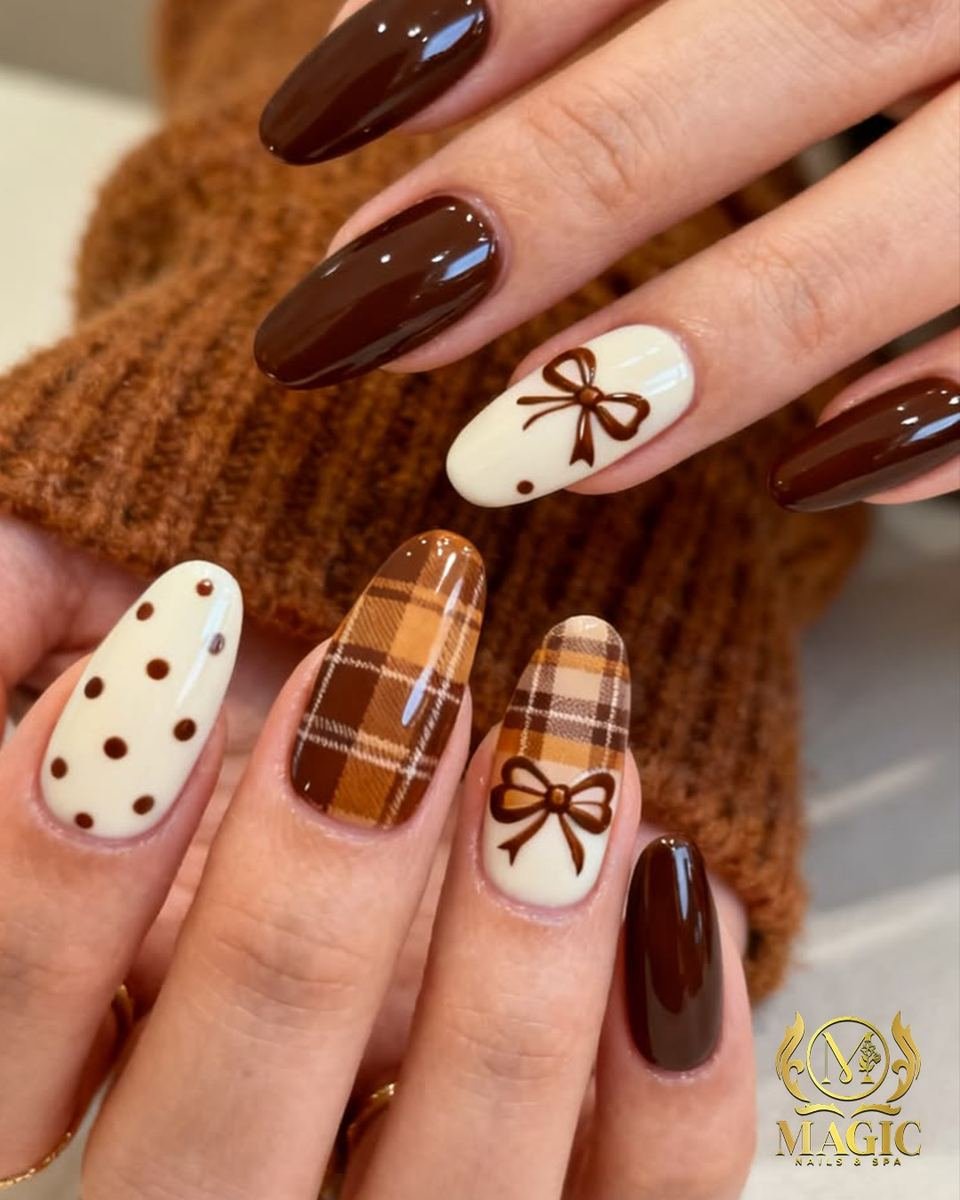 Brown Plaid and Polka Dot Almond Nails