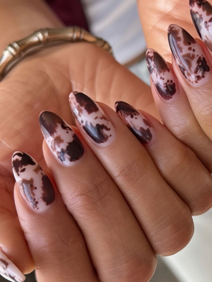 Brown and Pink Almond Nails with Animal Print