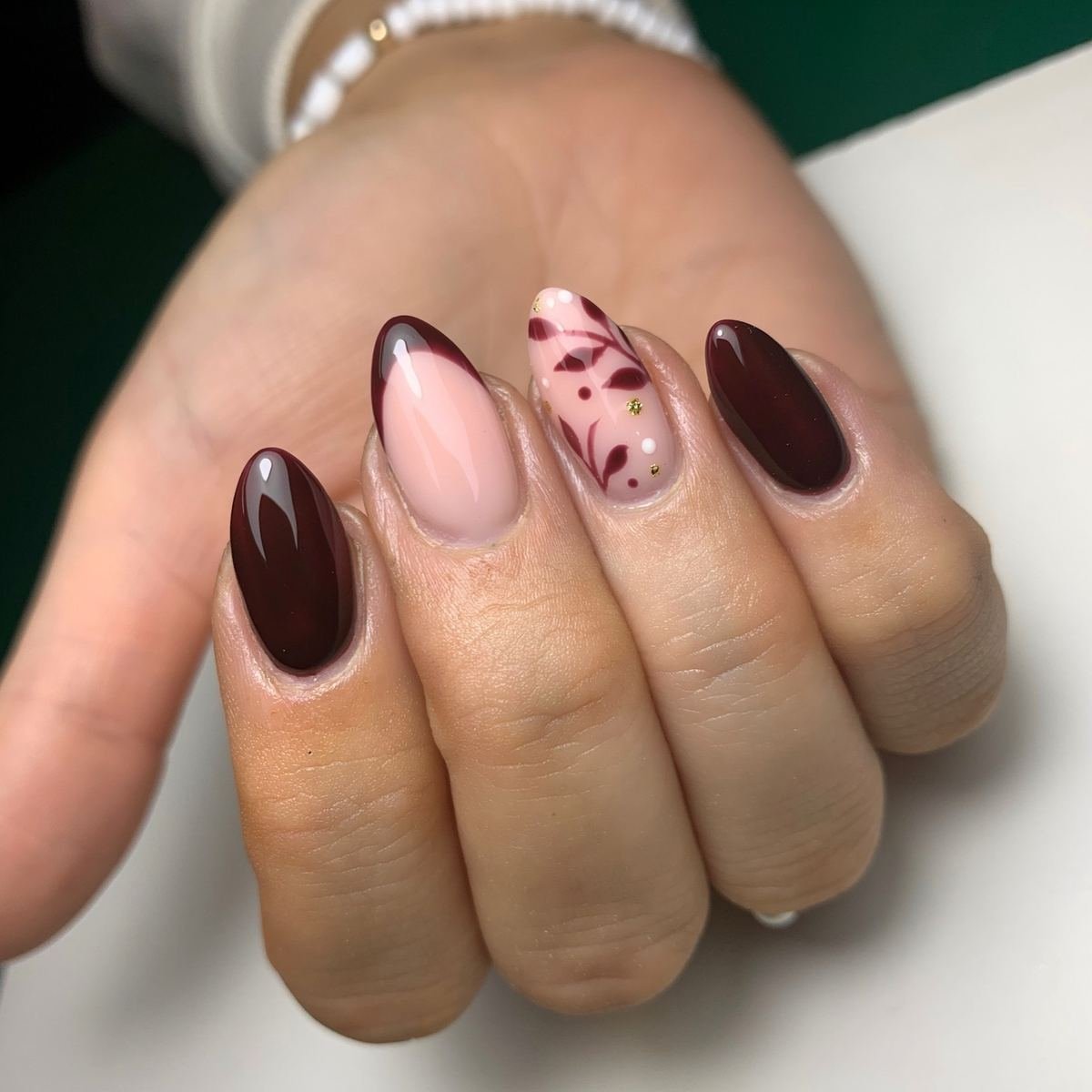 Brown and Blush Short Nails with Floral Accent