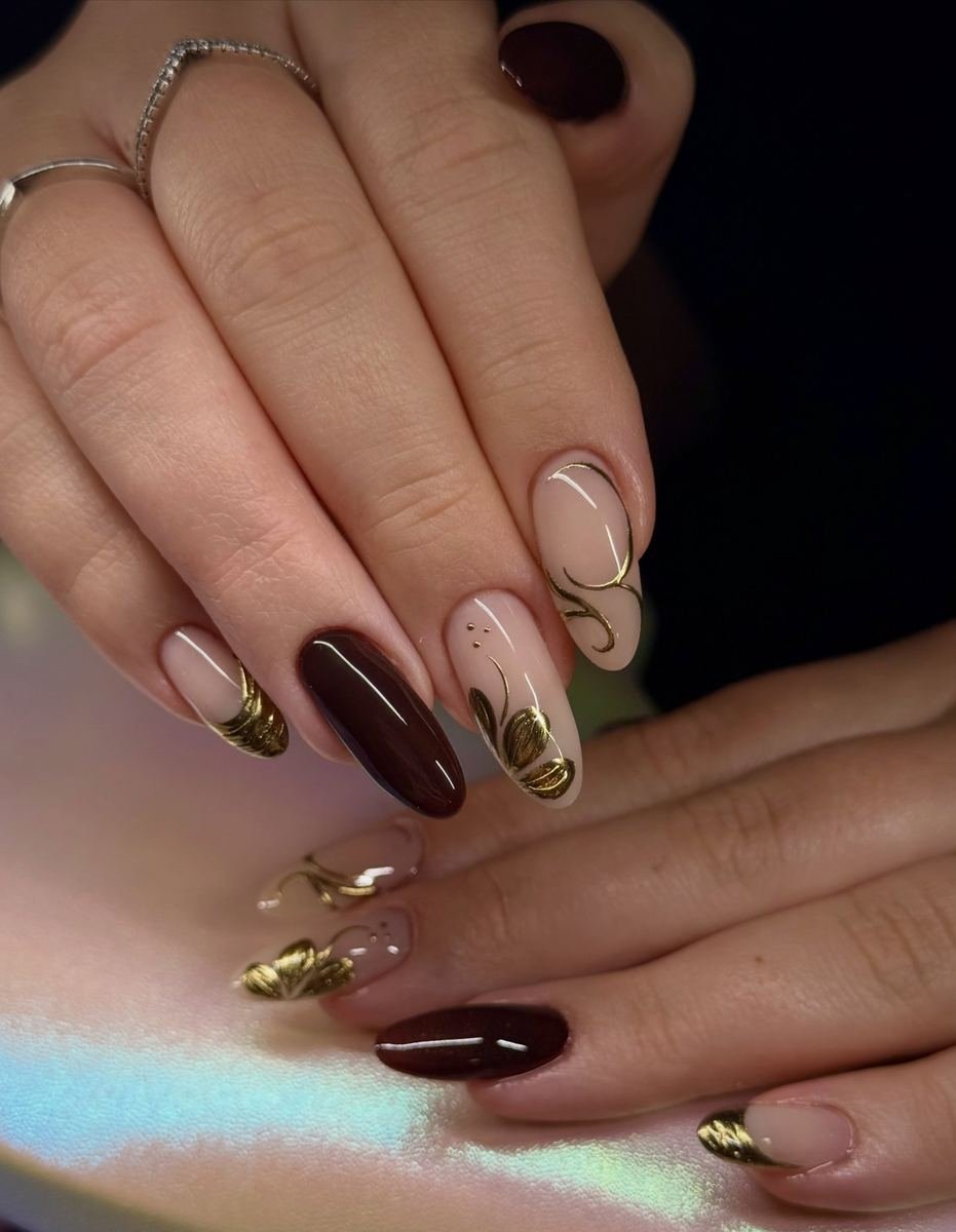 Brown and Nude Almond Nails with Gold Accents