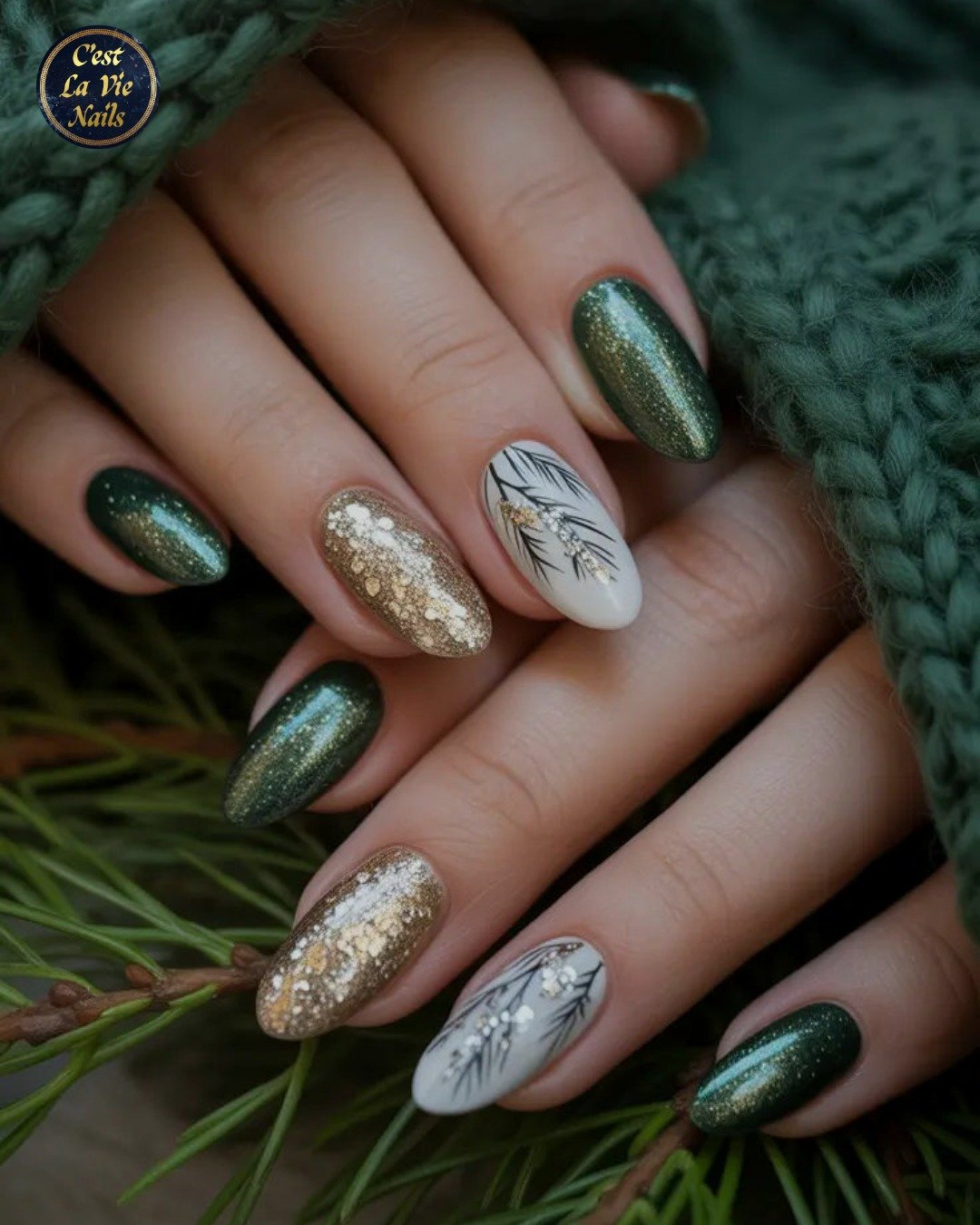 Green Metallic Almond Nails with Gold Glitter and Winter Art