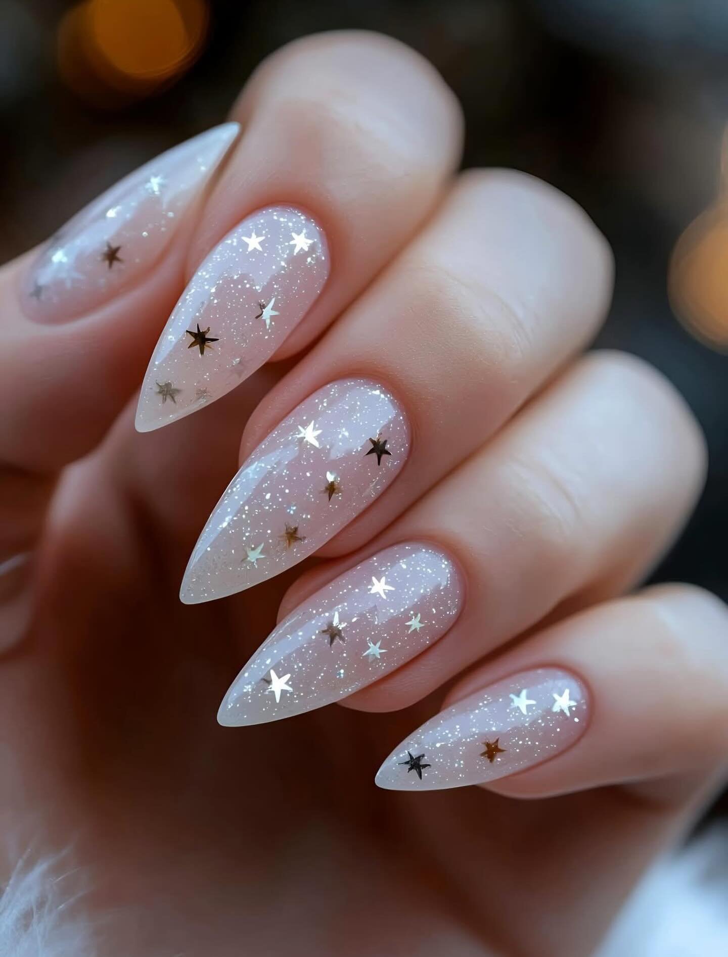 Icy Glitter Almond Nails with White and Silver Star Details
