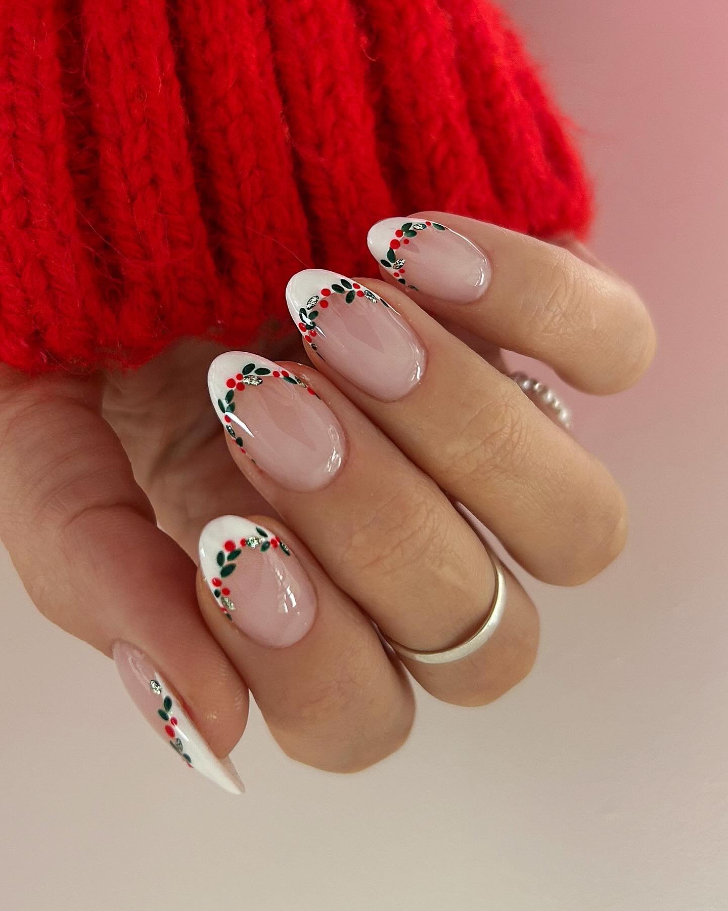 Natural Almond Nails with Tiny Red and Green Tip Details