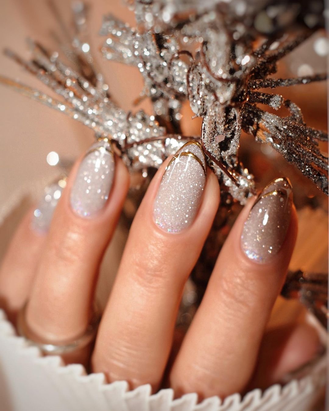 Pearl White Glitter Nails with Gold Detail