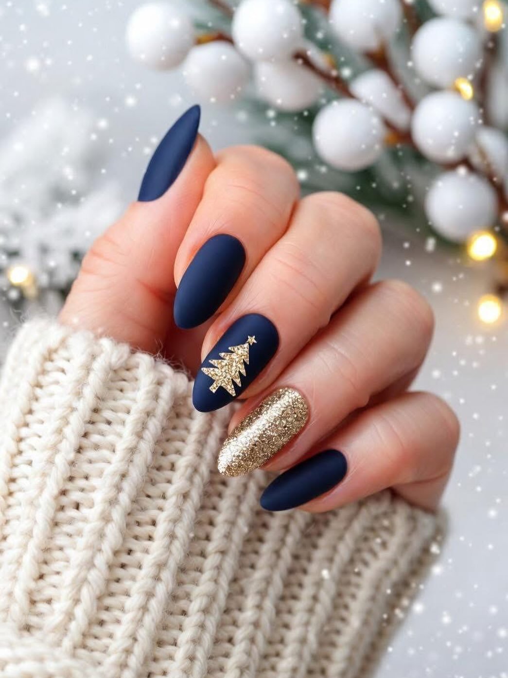Deep Navy Nails with Gold Christmas Tree and Glitter Accents