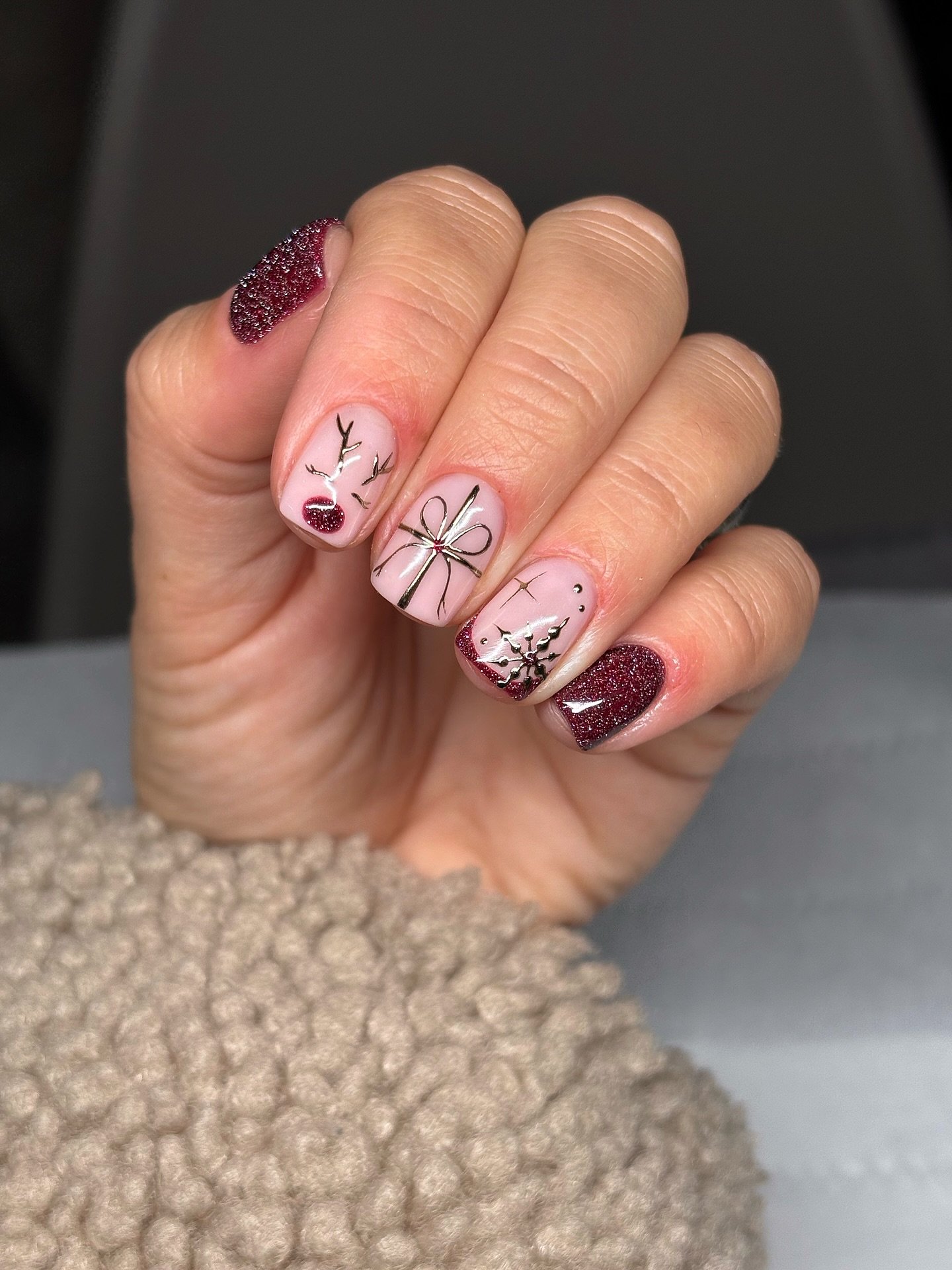 Pink and Burgundy Almond Nails with Winter Line Art