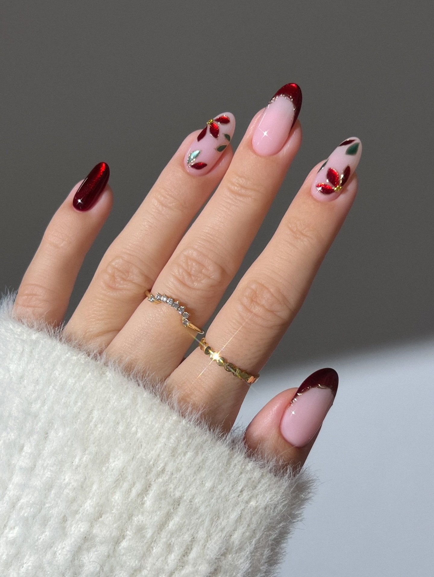 Blush Almond Nails with Burgundy French Tips and Holiday Art