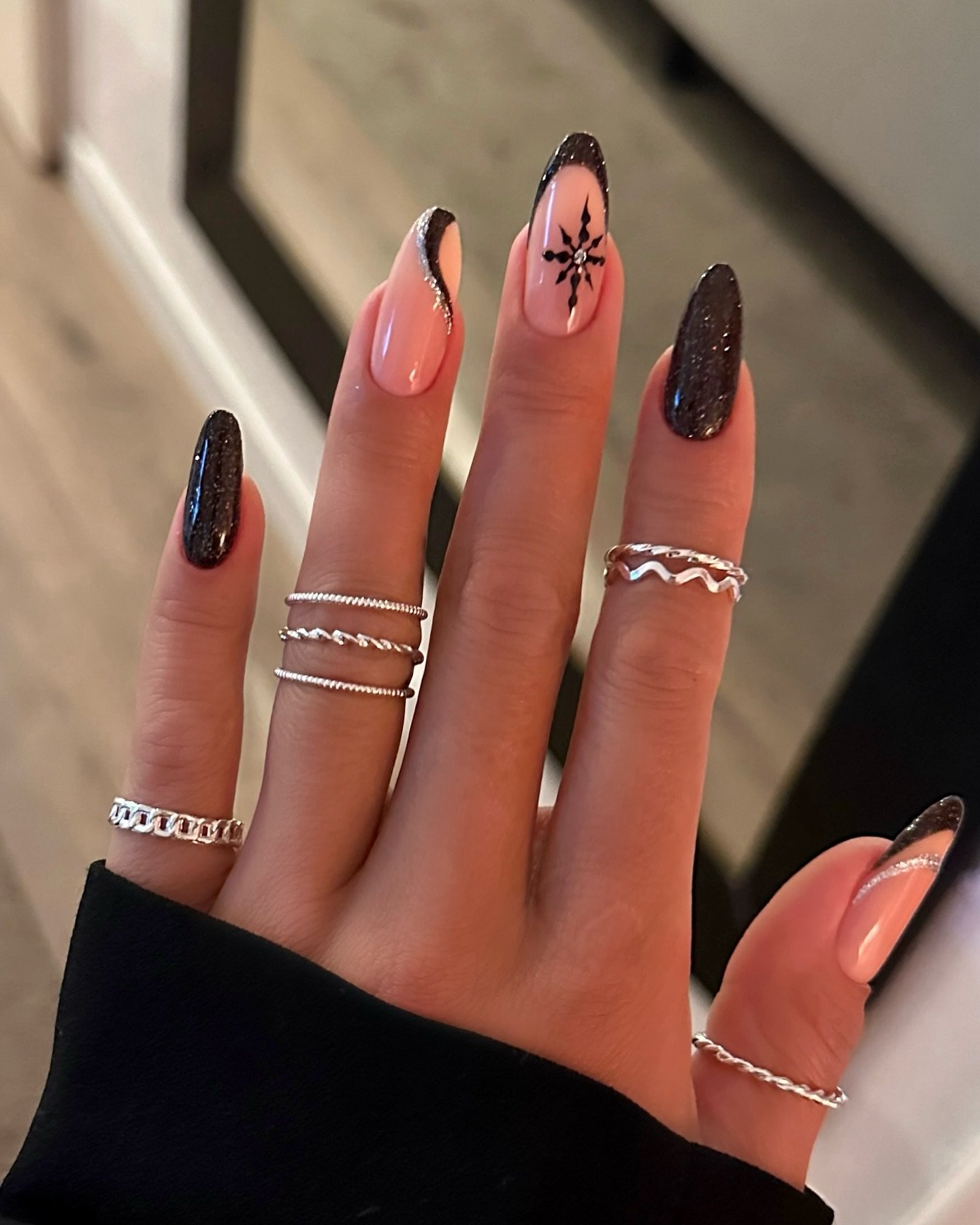 Pink Almond Nails with White Snowflake Line Art