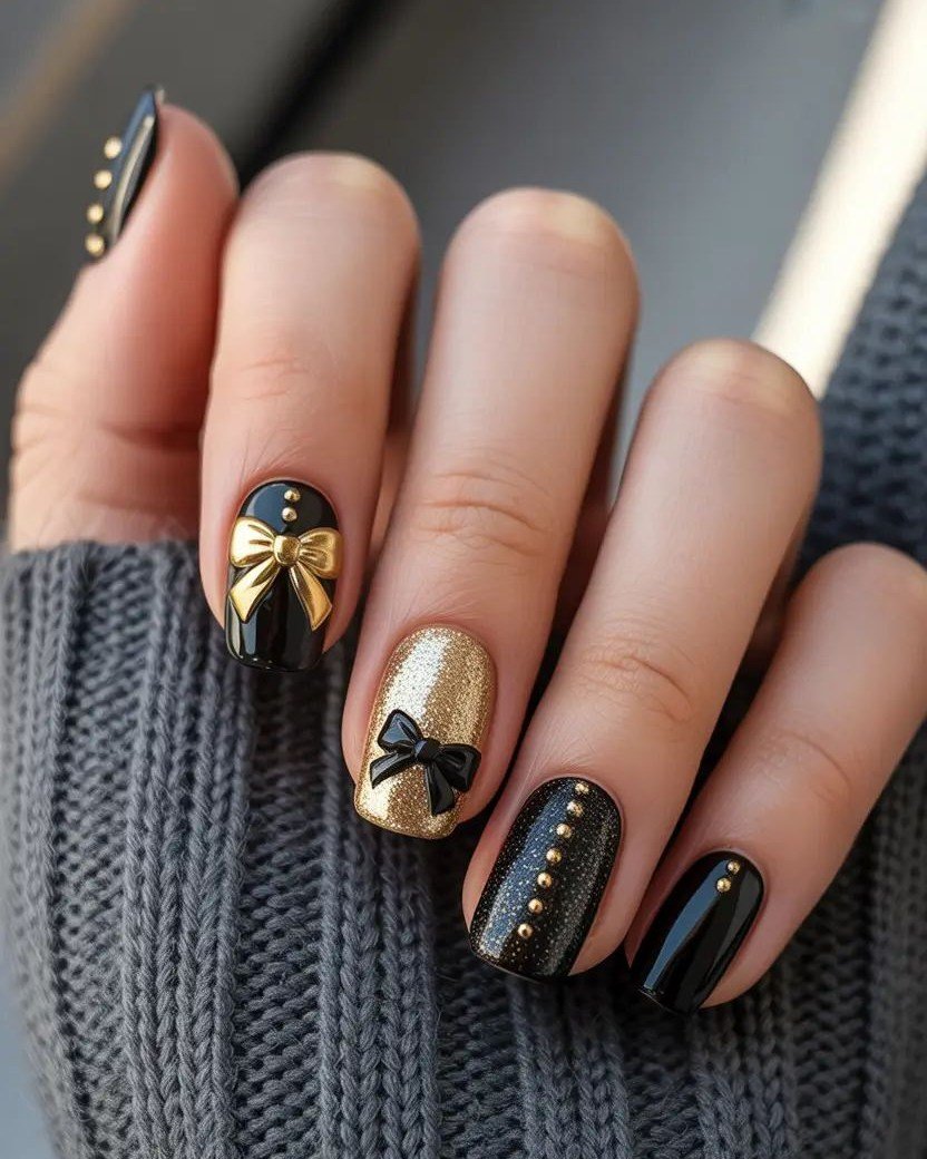 Black and Burgundy Nails with Gold Bow Details