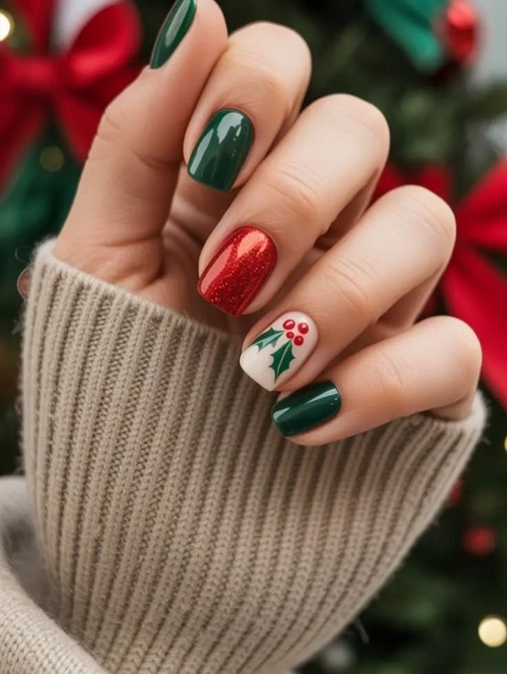 Red and Pink Almond Nails with Candy Stripes and Snowflakes