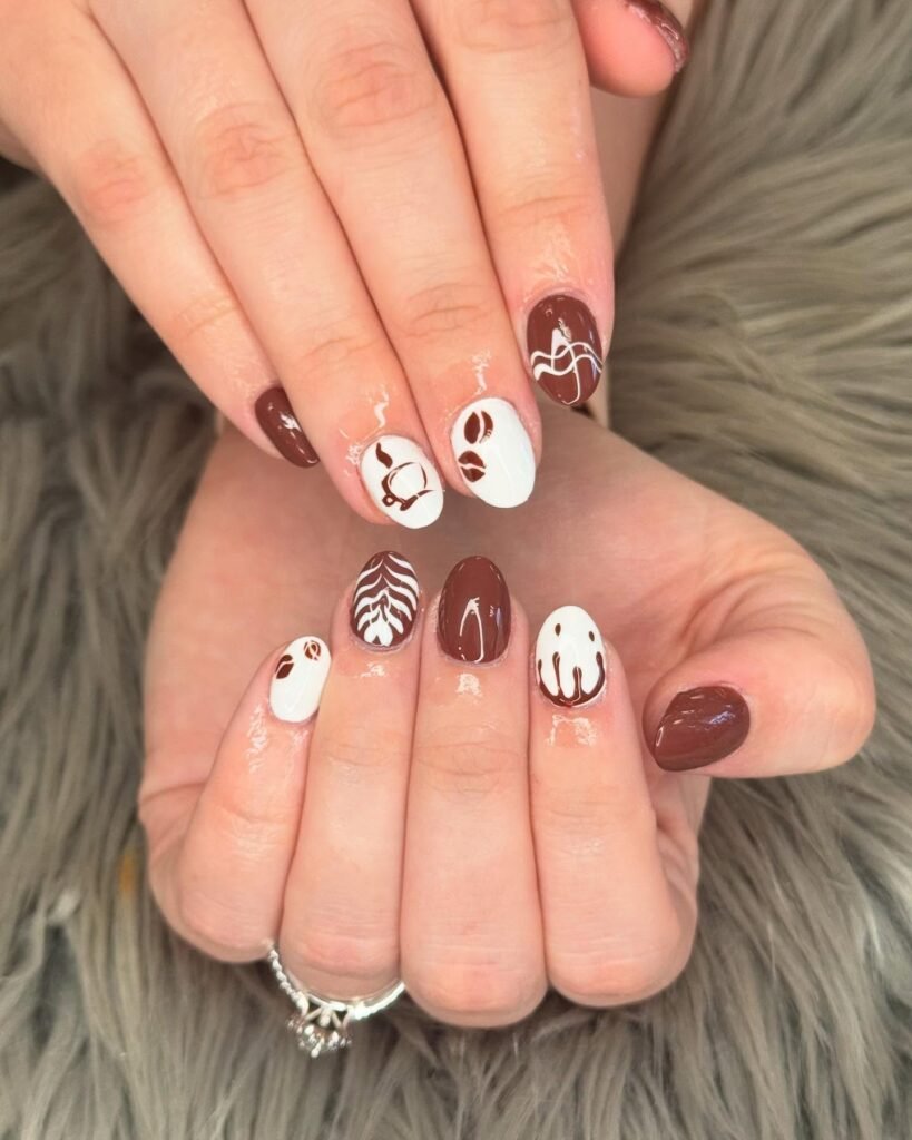 Nude Coffee Nails with Tiny Brown and White Accents