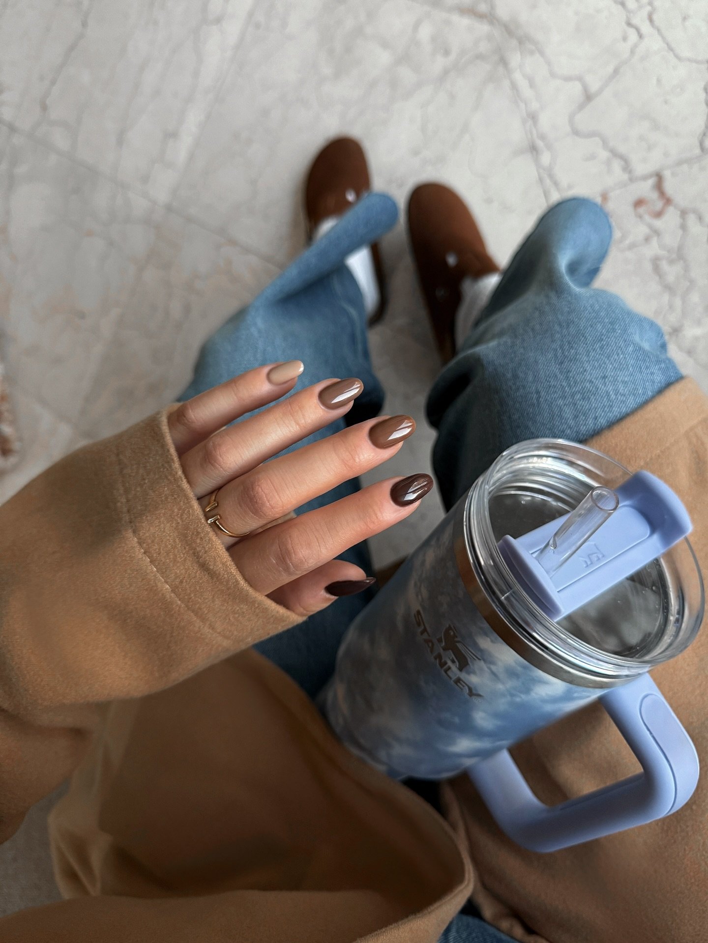 Chocolate Brown Almond Nails with a Blue-Gray Accent