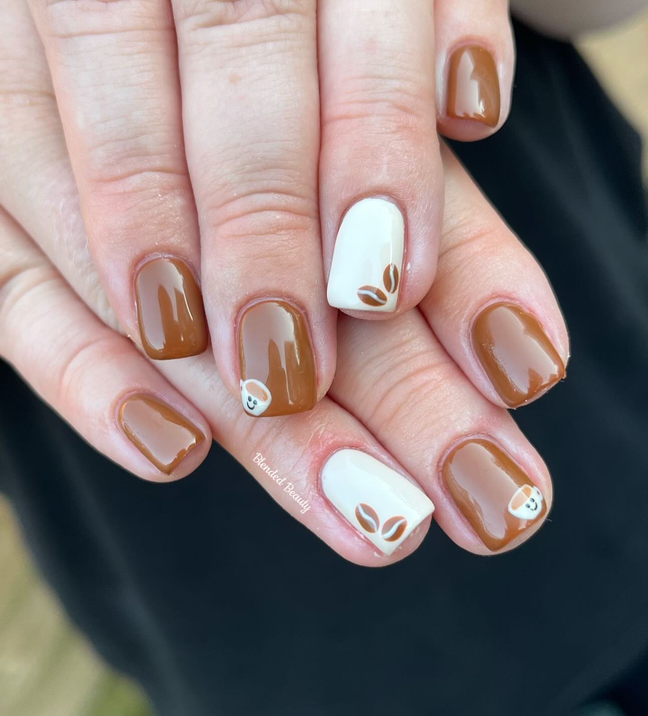 Sheer Nude Nails with Mocha Tips and Tiny Coffee Details