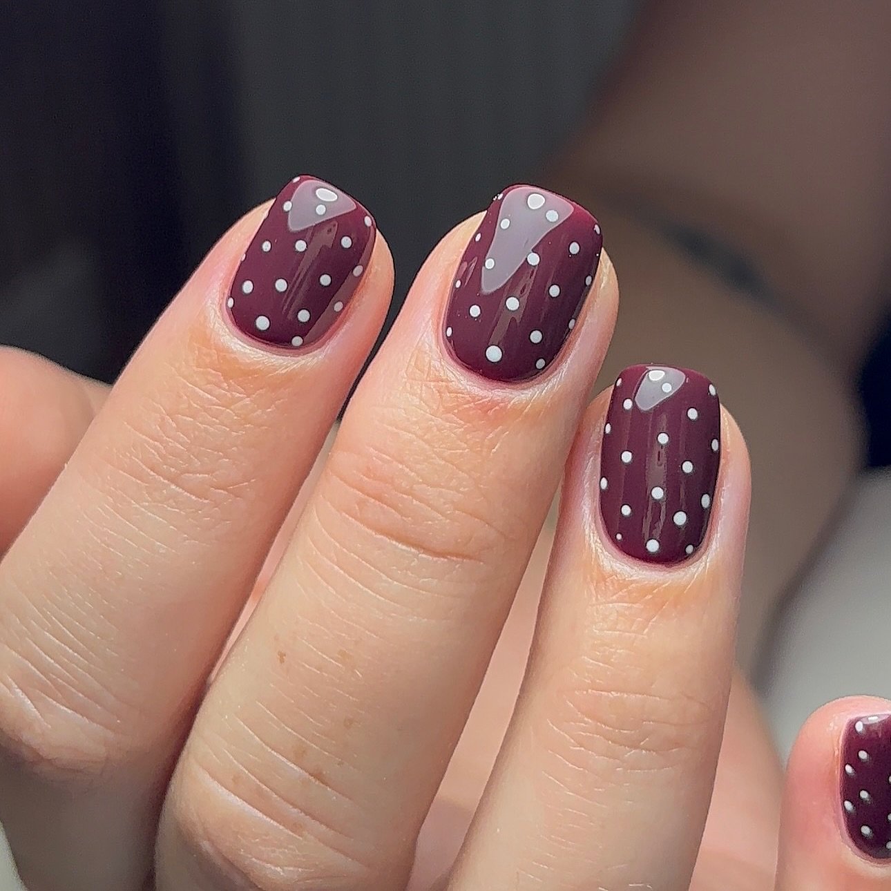 Deep Berry Nails with White Dotted Details