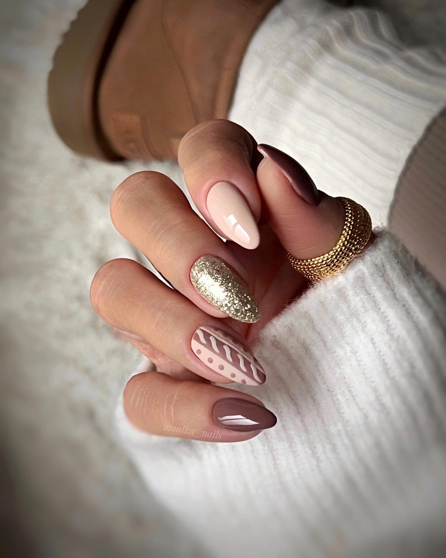 Chocolate Brown and Nude Nails with Gold Glitter Accents