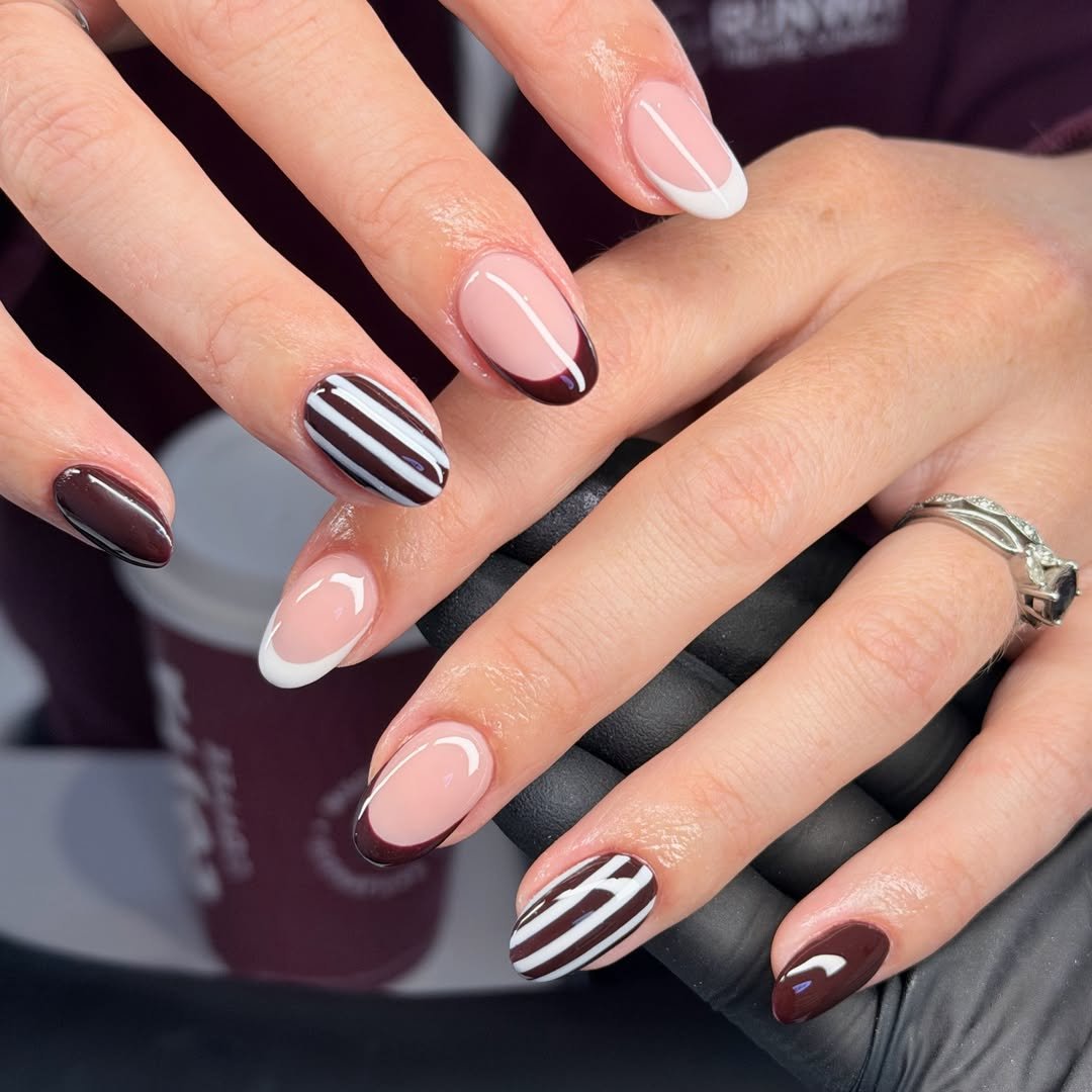 Pink French Almond Nails with Chocolate and Striped Accents