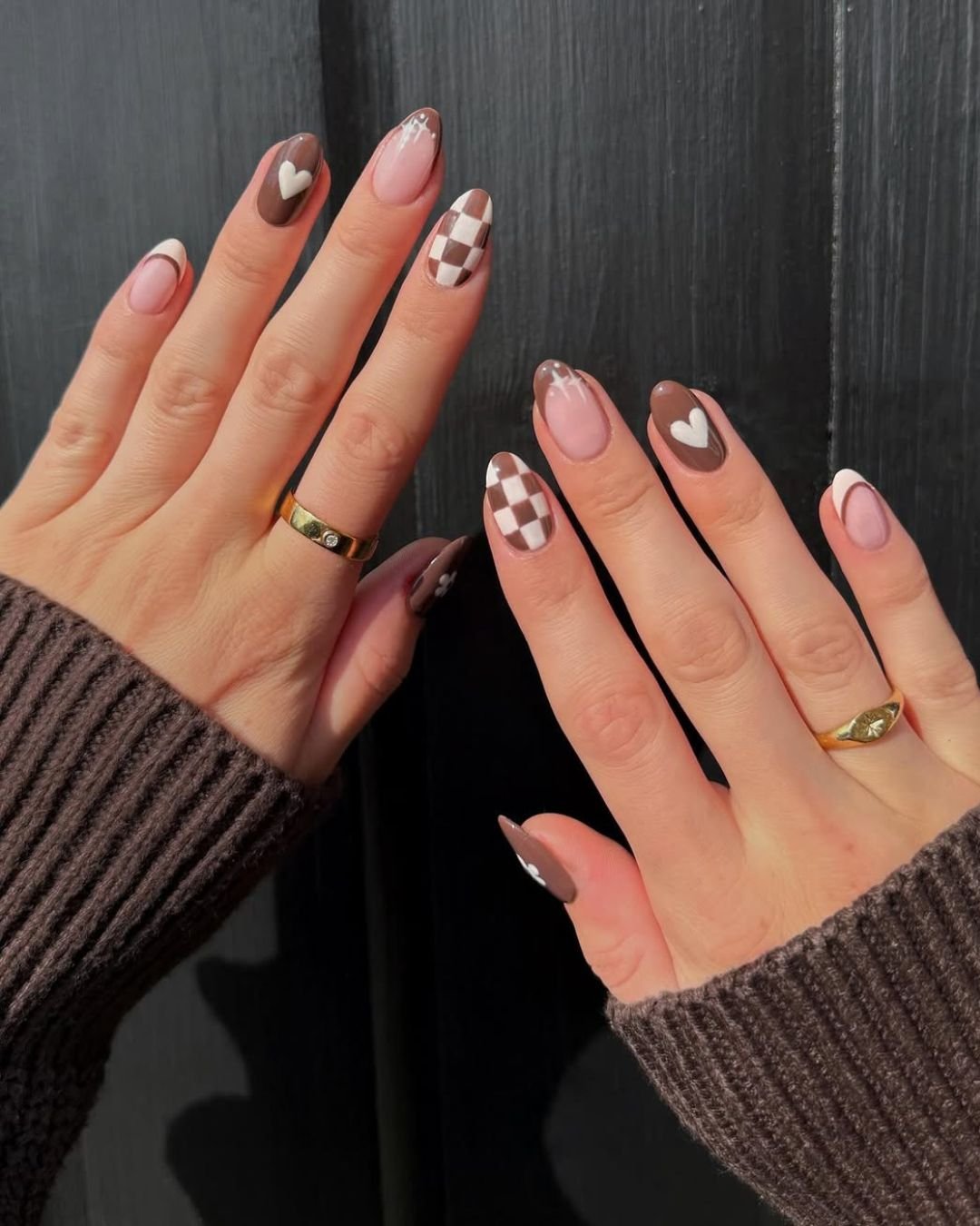 Brown and Nude Almond Nails with Checkerboard Accents