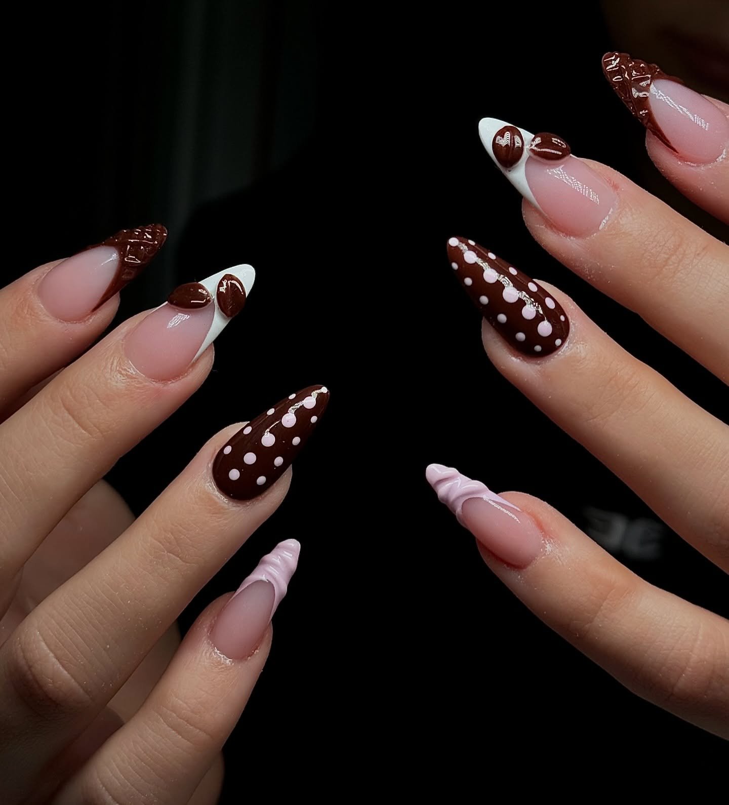 Chocolate Brown and Nude Stiletto Nails with Dotted Accents