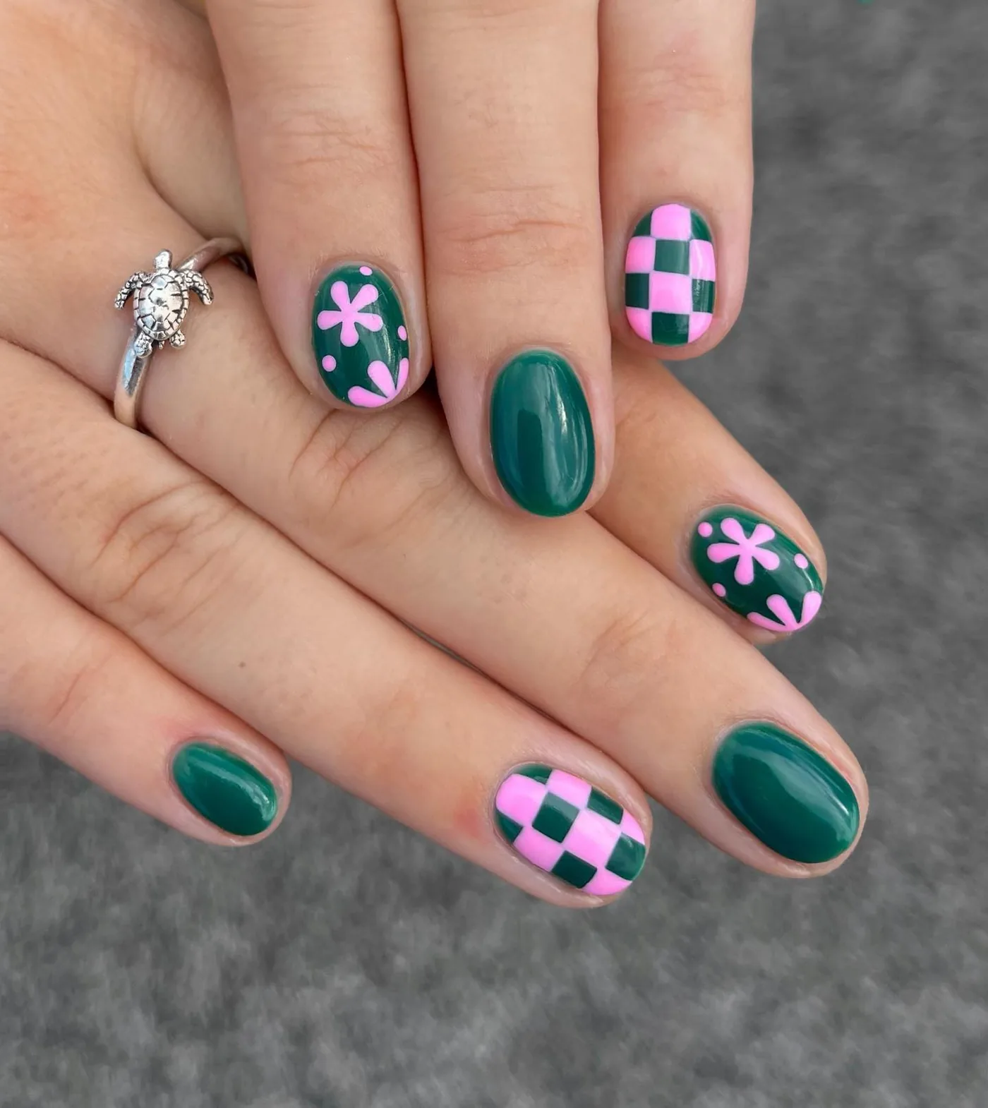Green Nails with Pink Floral and Checkerboard Details — CkdghD_v4Xcpeachi nails.jpg