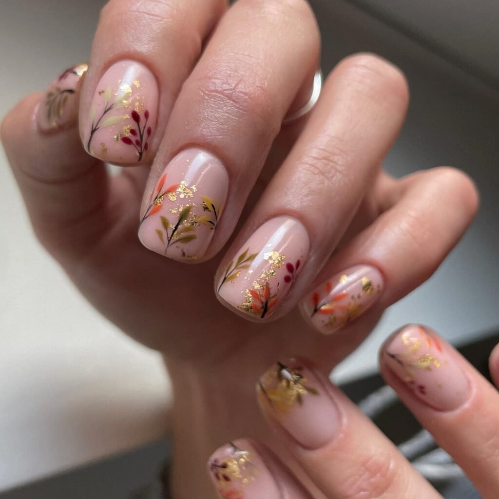 Short Sheer Pink Nails with Copper Leaf Details
