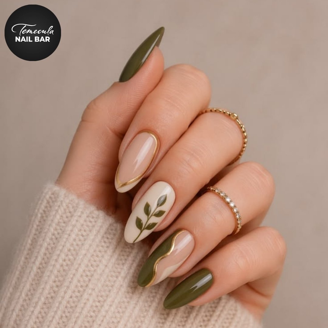Nude and Olive Green Almond Nails with Leaf Branch Art