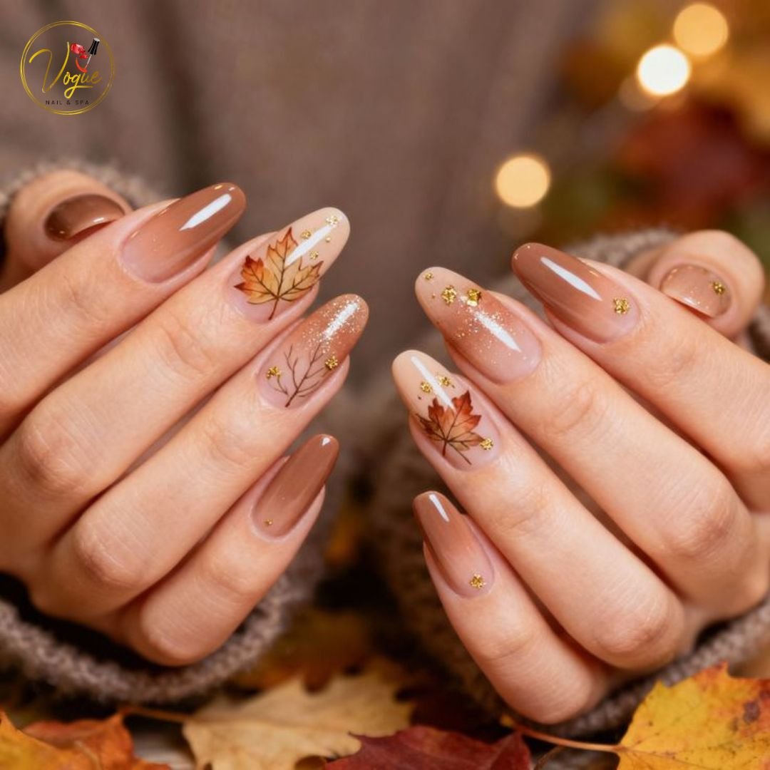 Peachy Nude Almond Nails with Copper Autumn Leaf Accents