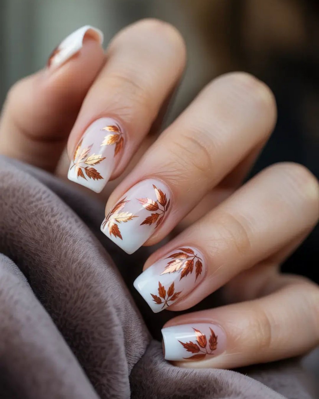 White and Nude Nails with Copper Leaf Accents