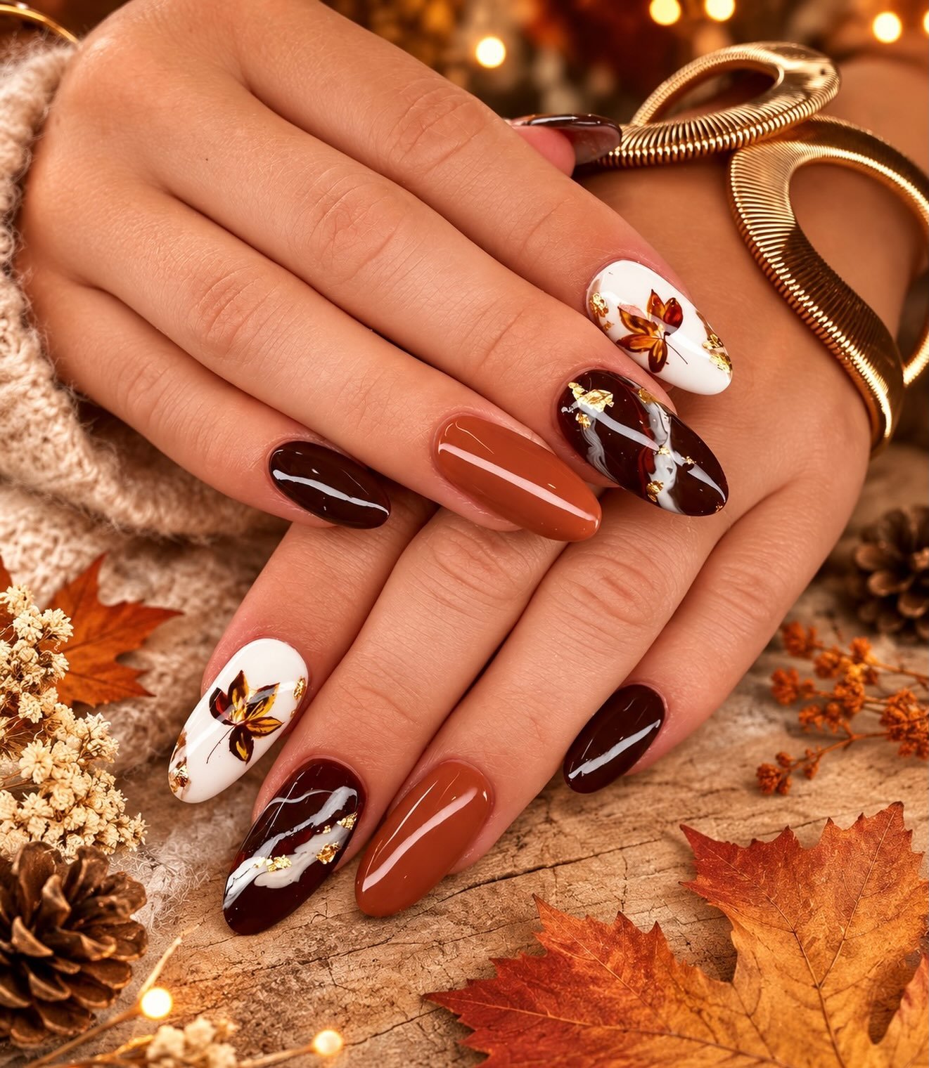 Terracotta Almond Nails with White and Copper Leaf Art