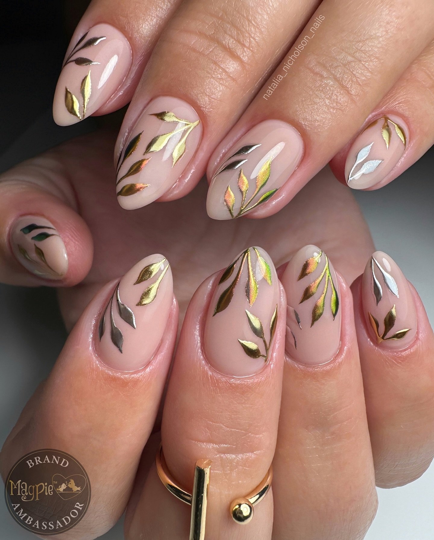 Pink Almond Nails with Gold-Copper Leaf Linework