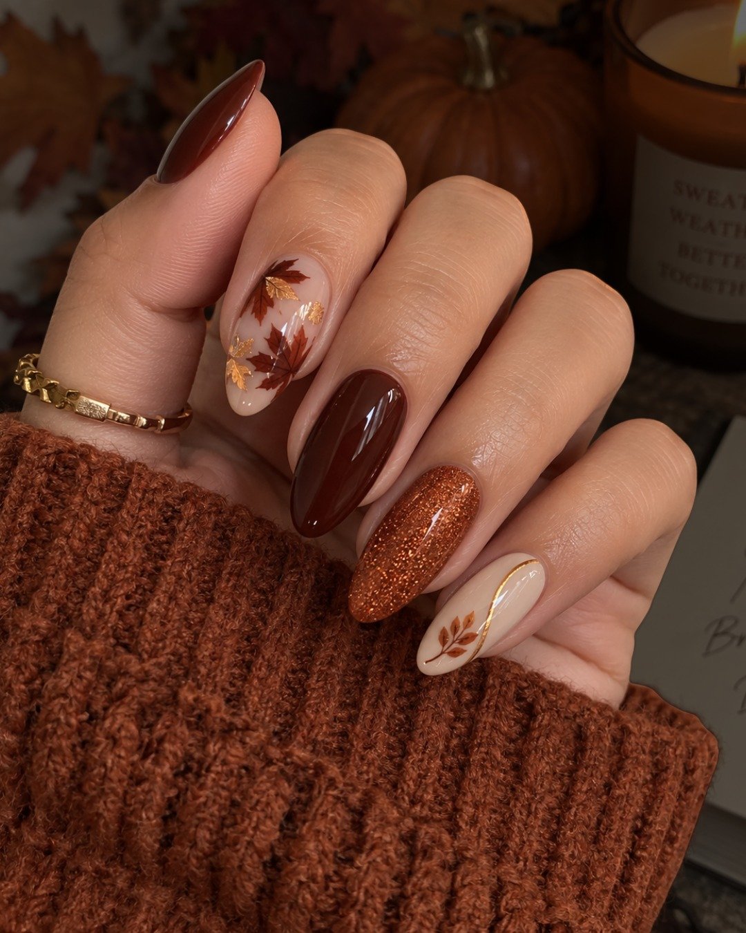 Brown and Nude Almond Nails with Copper Botanical Accents
