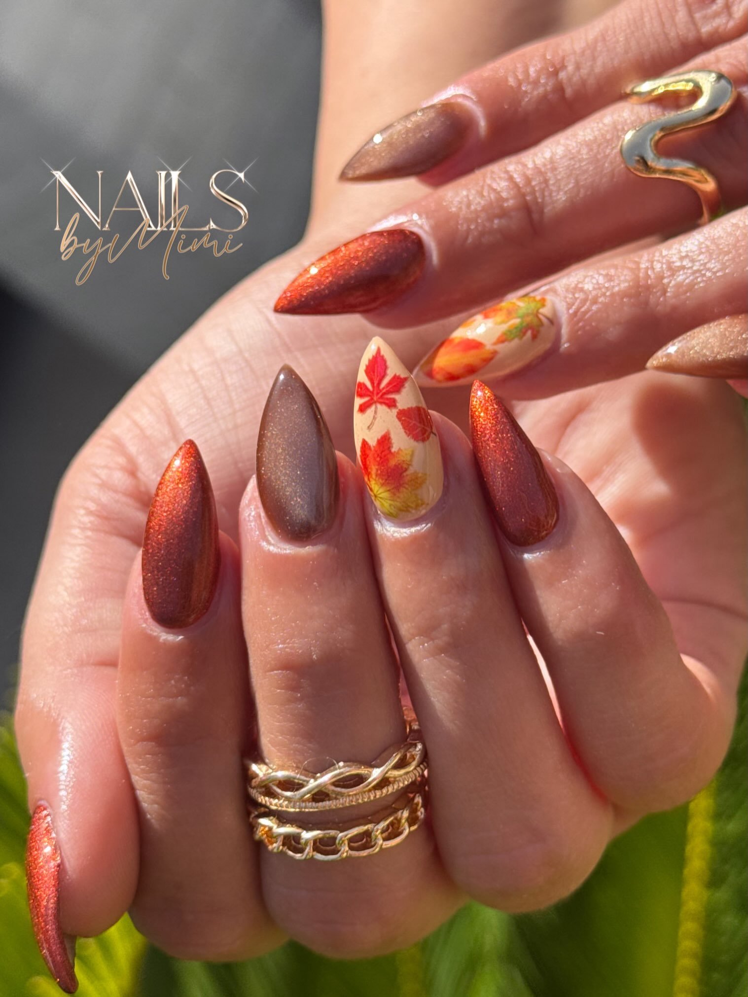 Rust and Brown Stiletto Nails with Autumn Leaf Accents
