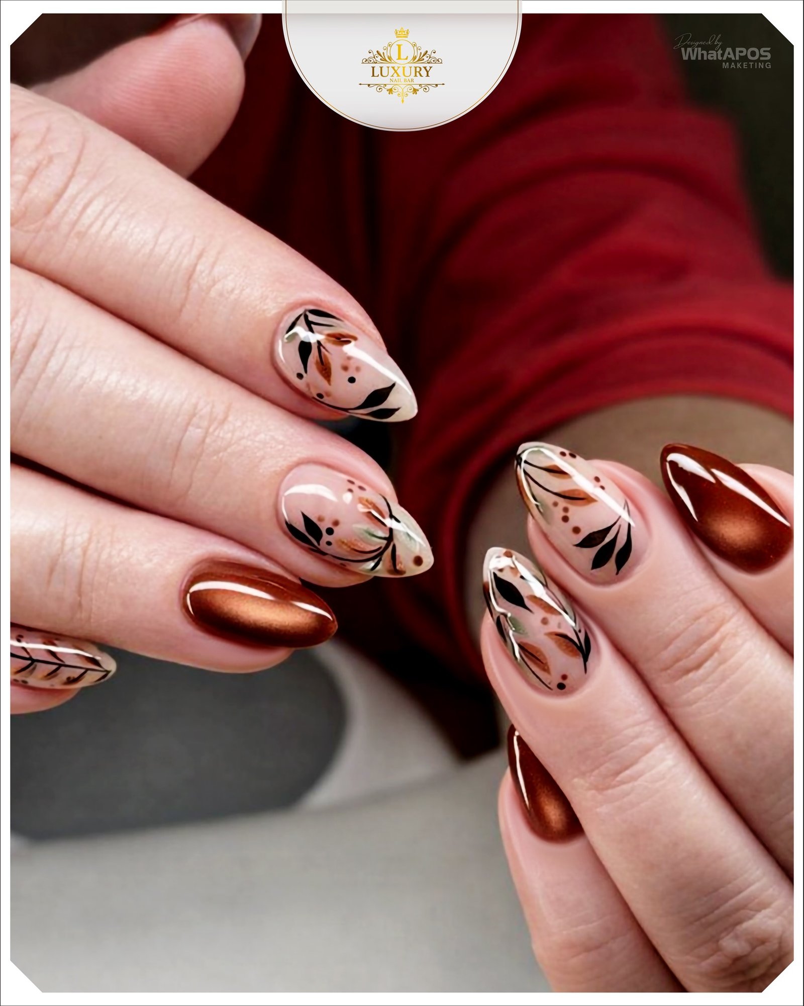 Brown and Nude Almond Nails with Leaf Linework
