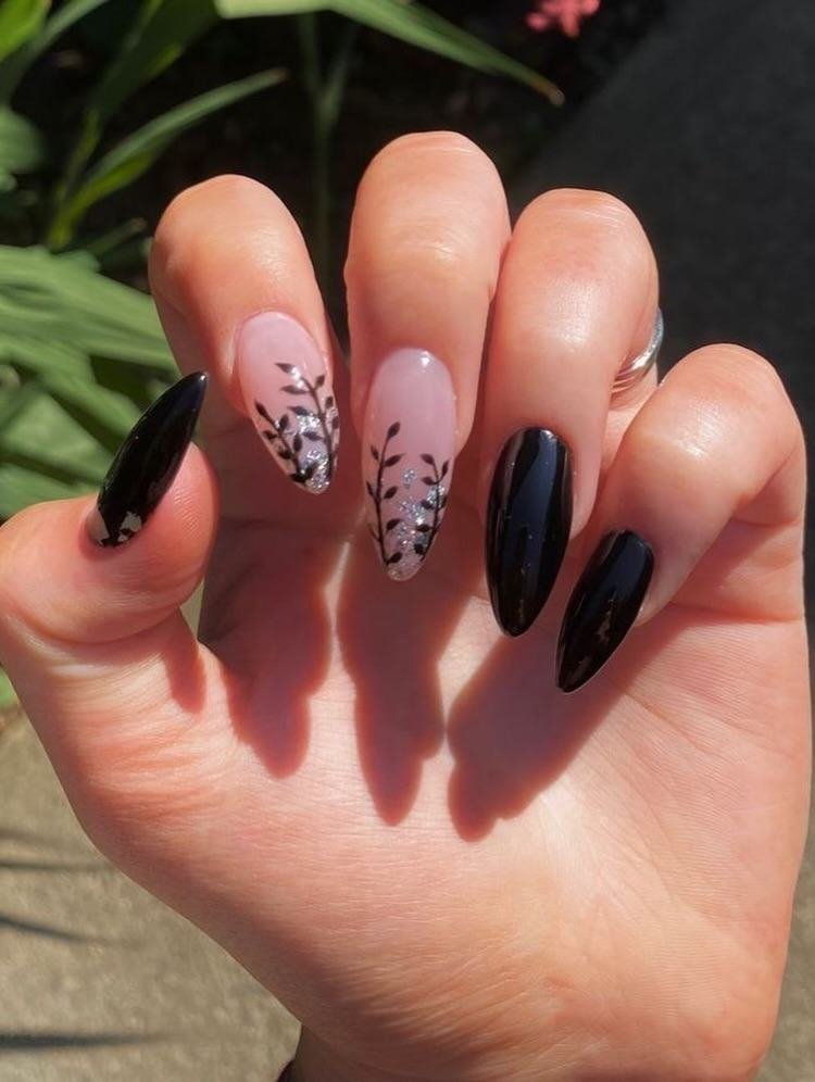 Almond Black and Nude Nails with Fine Accents