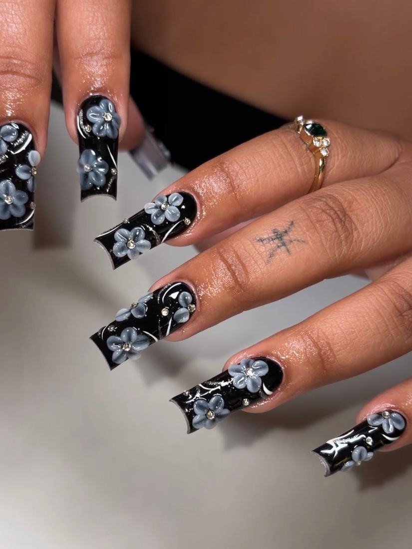 Black Square Nails with White Floral Accents