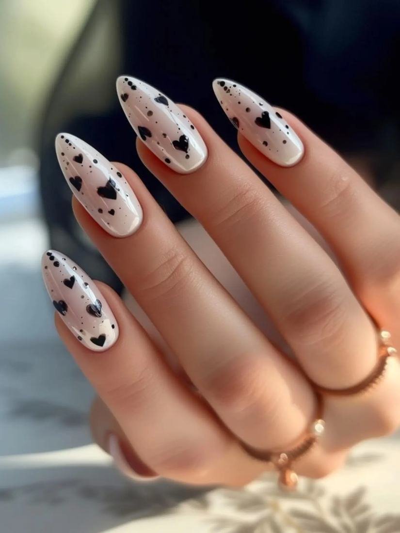 White Almond Nails with Black Spot Details
