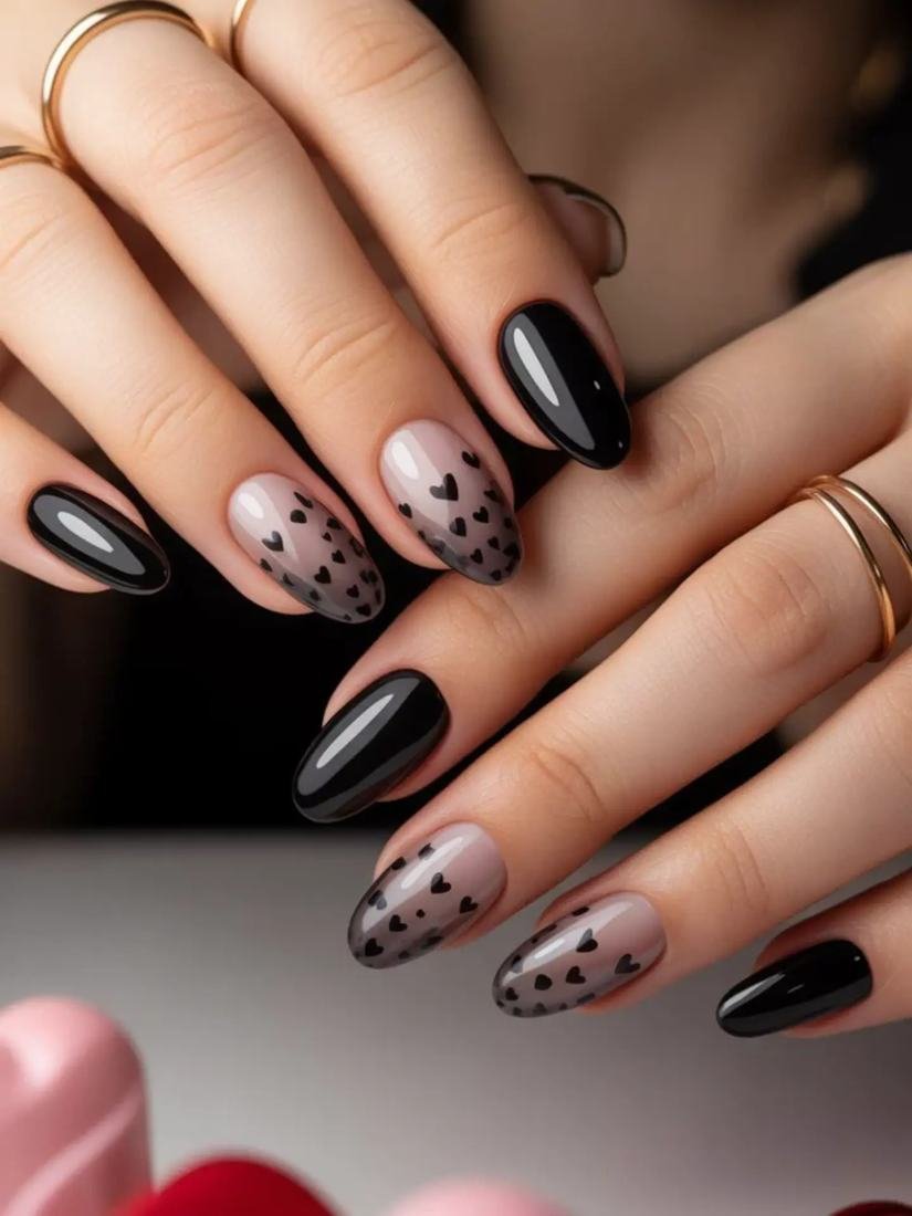 Black and Nude Almond Nails with Spot Accents