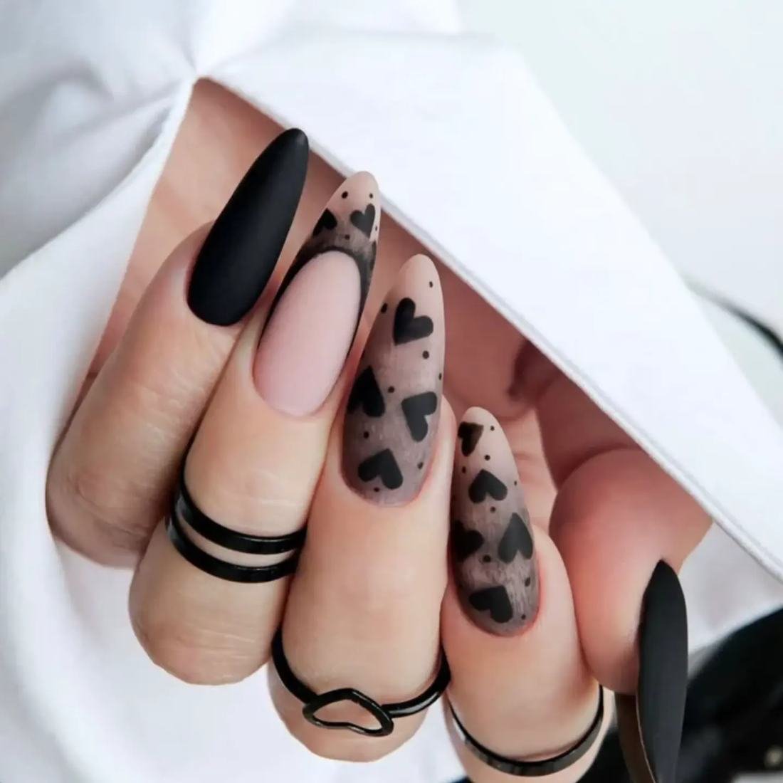 Black Coffin Nails with Nude Spot-Patterned Accents