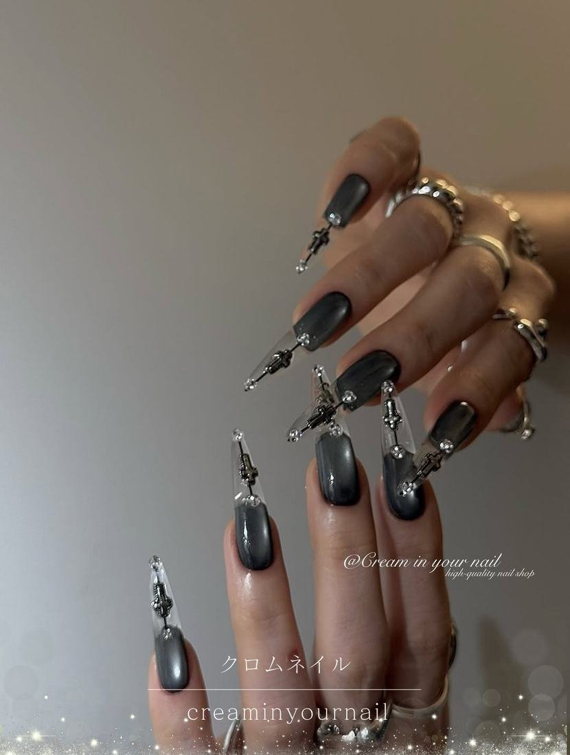 Brown and Black Stiletto Nails with Metallic Accents