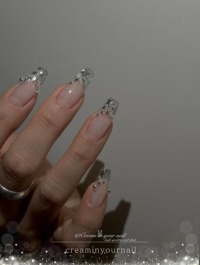 Clear Nude Nails with Silver Accent Details
