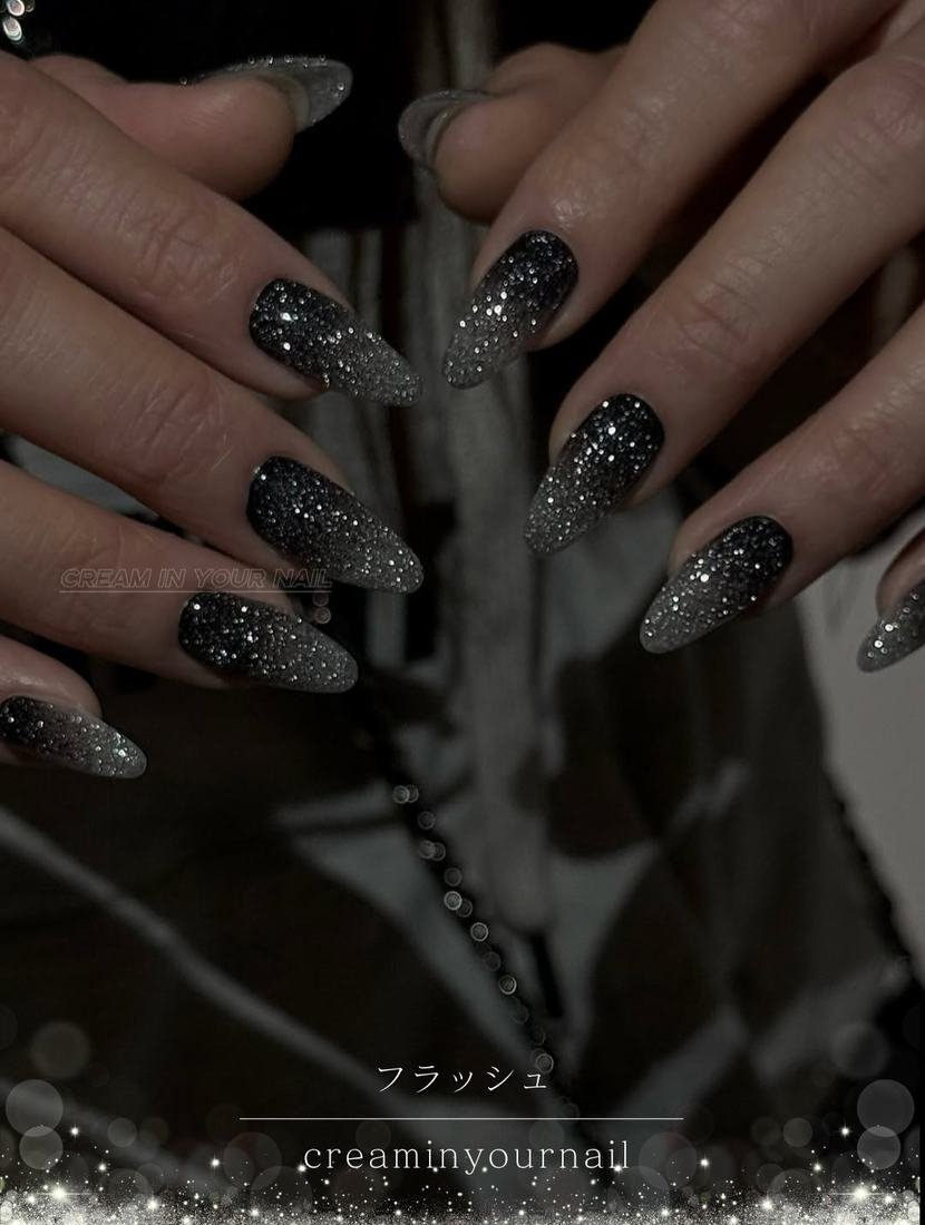 Dark Glitter Stiletto Nails with Silver Accents