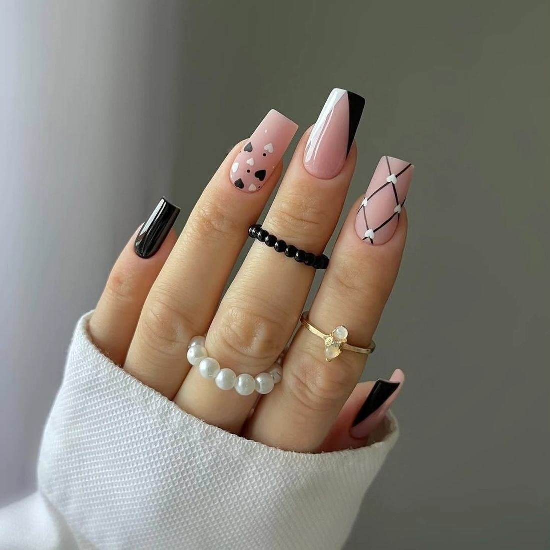Pink and Nude Nails with Black Tips and Fine Line Details
