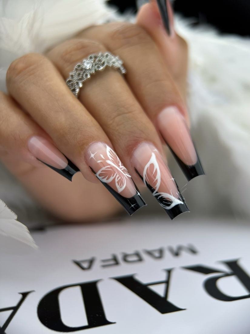 Pink Almond French Nails with White Floral Details
